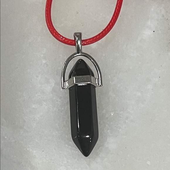 Handmade Jewelry - Sleek Black Pendant Necklace with Red Cord